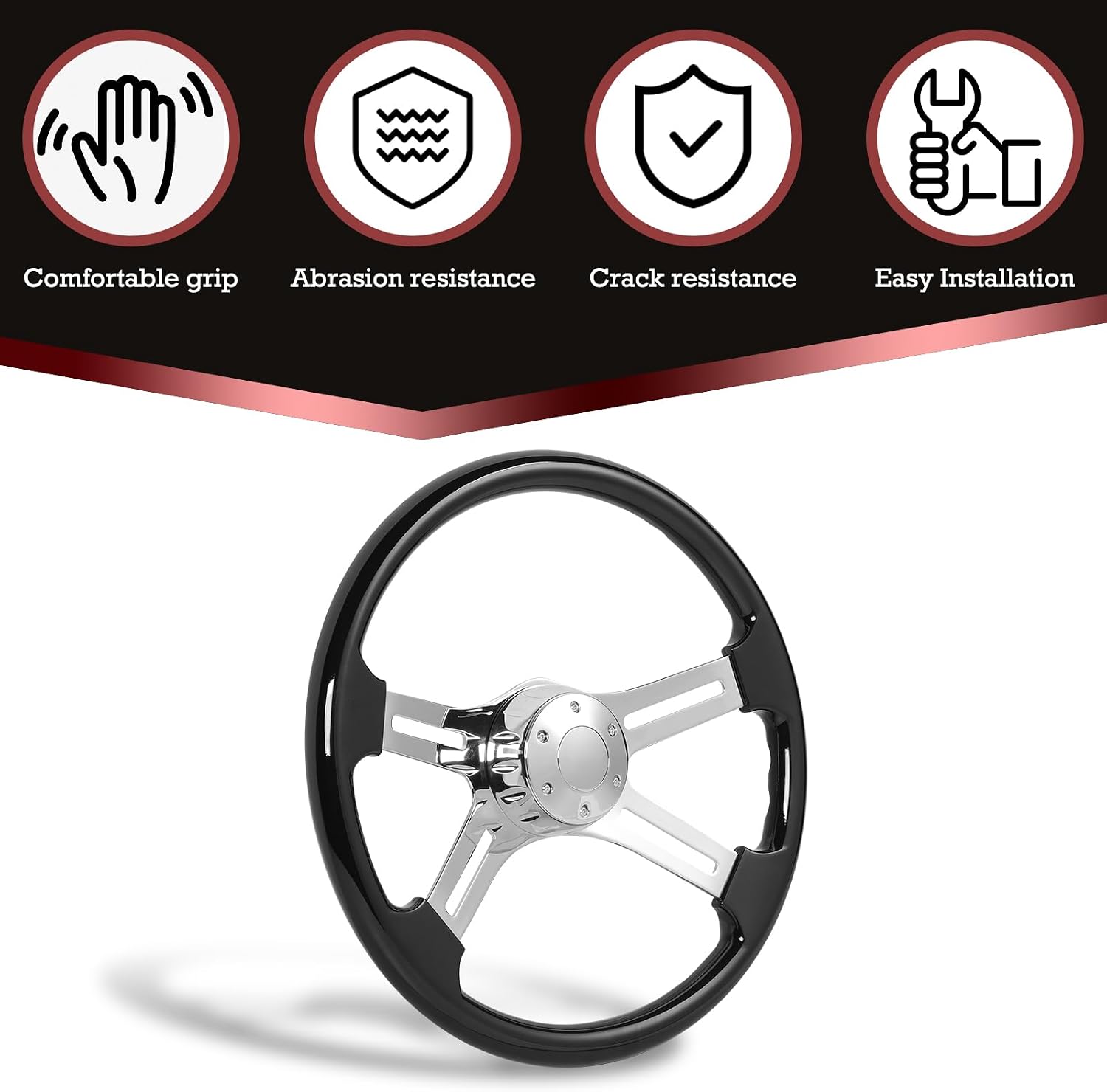 18 Inch Solid Wood Lacquering Truck Steering Wheel 450mm,4 Chrome Spokes,5 Bolt Pattern,Replacement for Kenworth for Peterbilt Semi Trailer for Volvo for Freightliner Steering Wheel