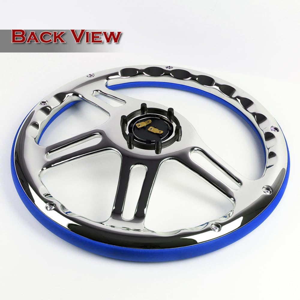 W-Power, 14' Universal 350mm 6 Bolt Hole Vintage Style with Aluminum Polished Special Leather Grip Steering Wheel, Black Horn Button, 4-Spoke (Blue Leather/Chrome Spoke)