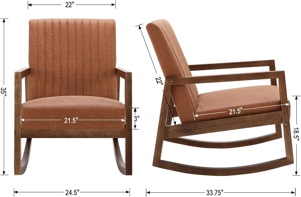 CIMOTA Leather Modern Rocking Chair Mid Century Armchair Upholstered Arm Chair with Padded Seat/Wood Frame, Comfy Rocker for Living Room/Bedroom, Retro Brown PU