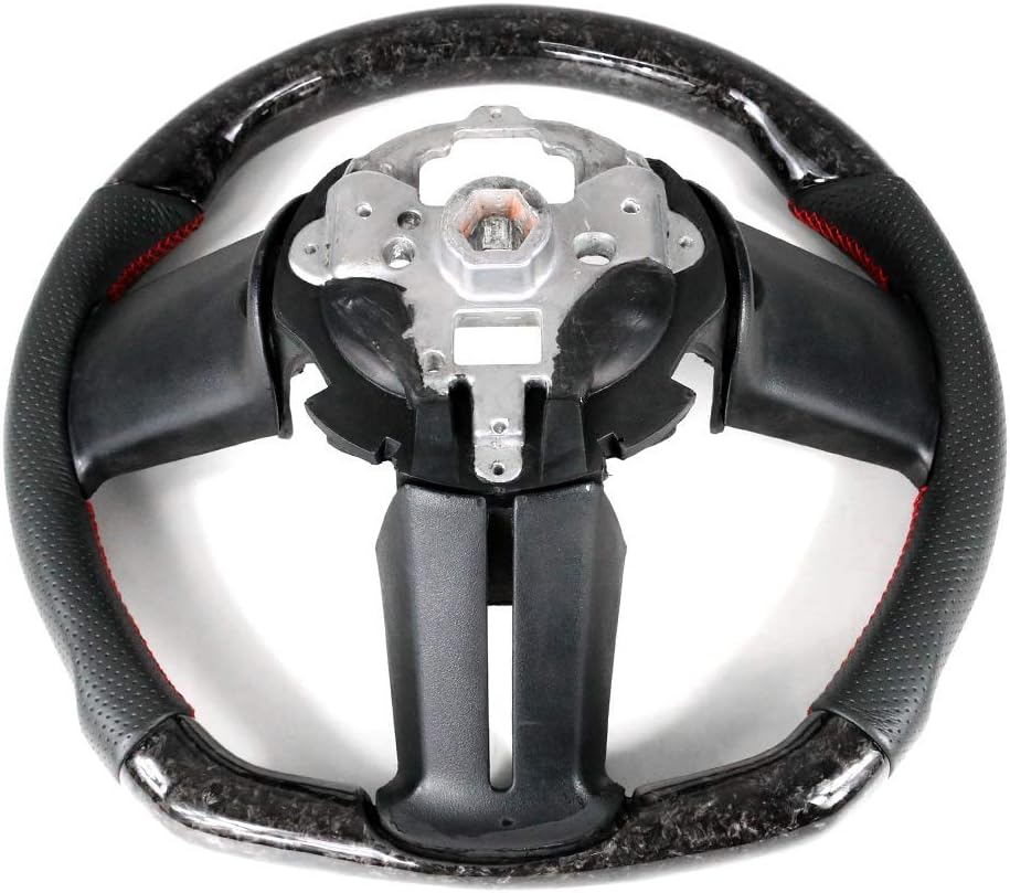 IKON MOTORSPORTS, Steering Wheel Compatible With 2010-2014 Ford Mustang, Black Forged Carbon Fiber & Perforated Leather Steering Wheel Brushed Kit With Red Stitching, 2011 2012 2013