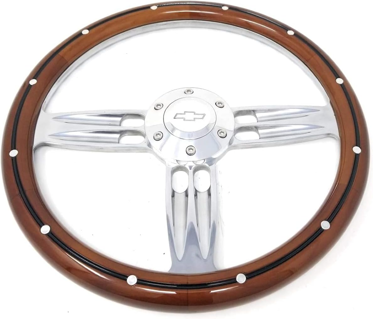 Real Wood & Chrome Steering Wheel Kit Compatible with Chevy Gm 95-01 Set Engraved Horn GMC TRUCK