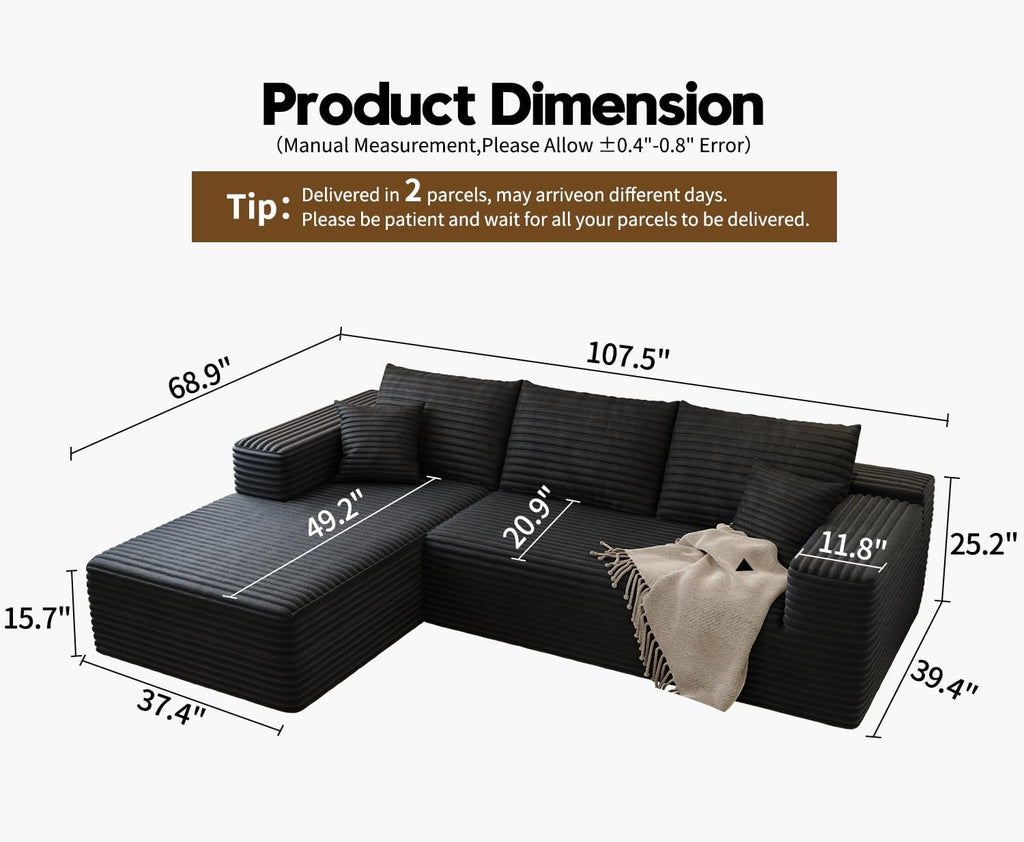 107.5' Cloud Sectional Couch with L-Shape Chaise,Modern Modular Sofa with Deep Seat, Upholstered Couches for Living Room Bedroom Apartments,No Assembly Required, (Black,Left Facing Chaise)