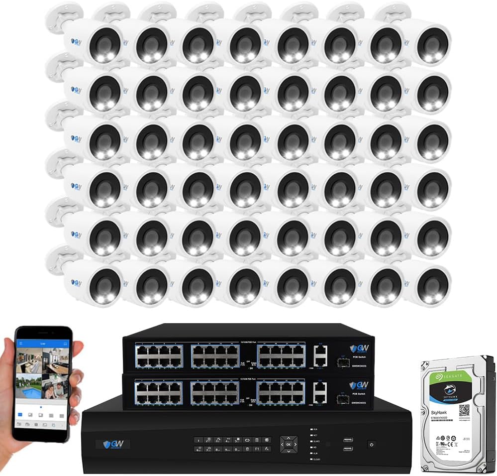GW 4K Outdoor Indoor Face Recognition/Human/Vehicle Detection Business Security Camera System, 64 Channel Commercial 12MP NVR, 48 x 4K Smart AI IP Microphone Bullet Camera, 24TB Pre-Installed HDD