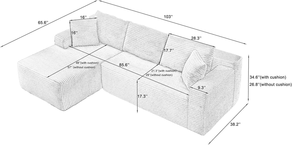 Cloud Couch Sectional, L Shaped Boneless Couch Sectional Couches for Living Room, Modern Comfy Corduroy Fluffy Modular Sofa with Deep Seat, No Assembly (Black, Left Facing Chaise)