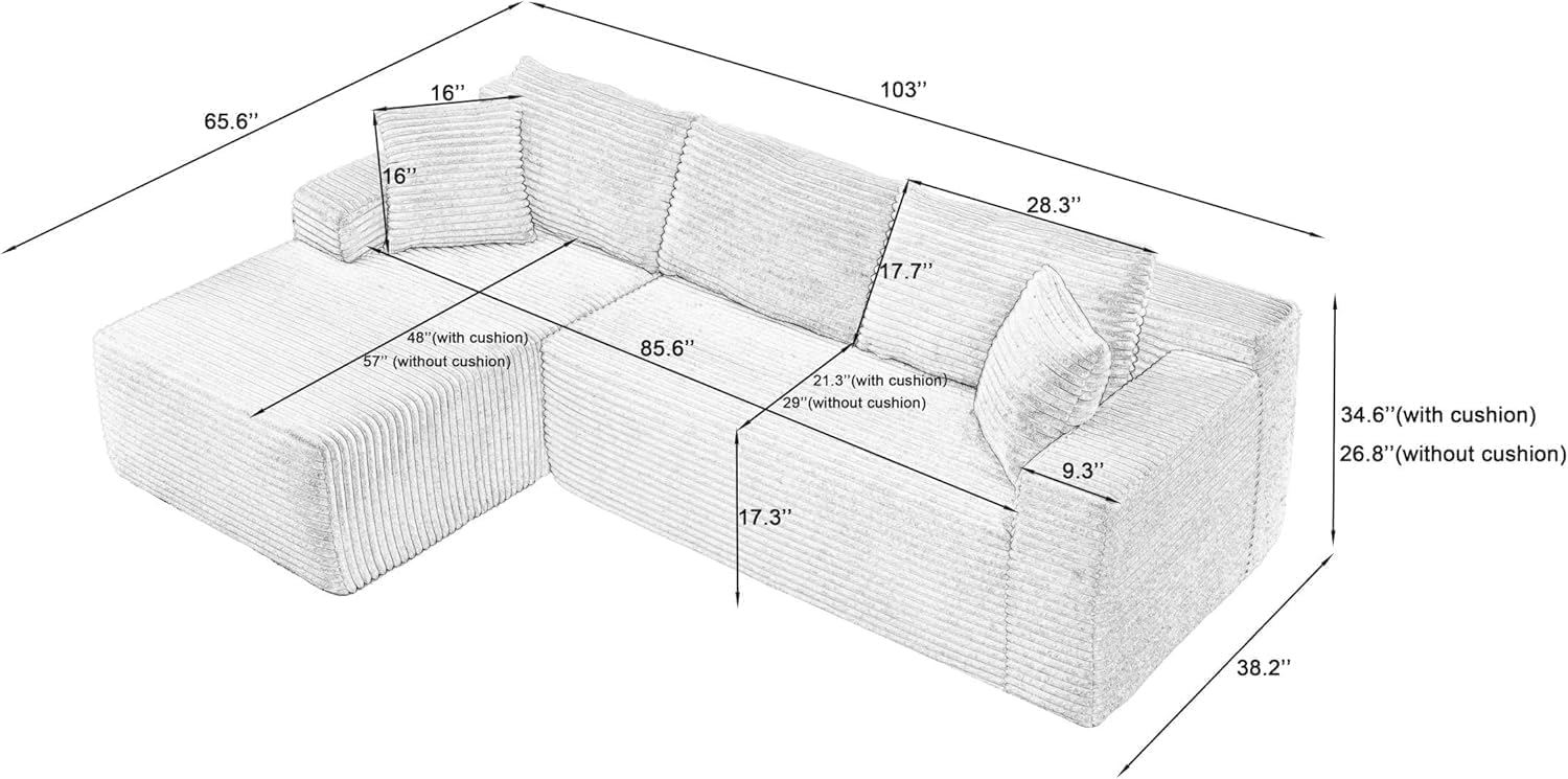 Cloud Couch Sectional, L Shaped Boneless Couch Sectional Couches for Living Room, Modern Comfy Corduroy Fluffy Modular Sofa with Deep Seat, No Assembly (Black, Left Facing Chaise)