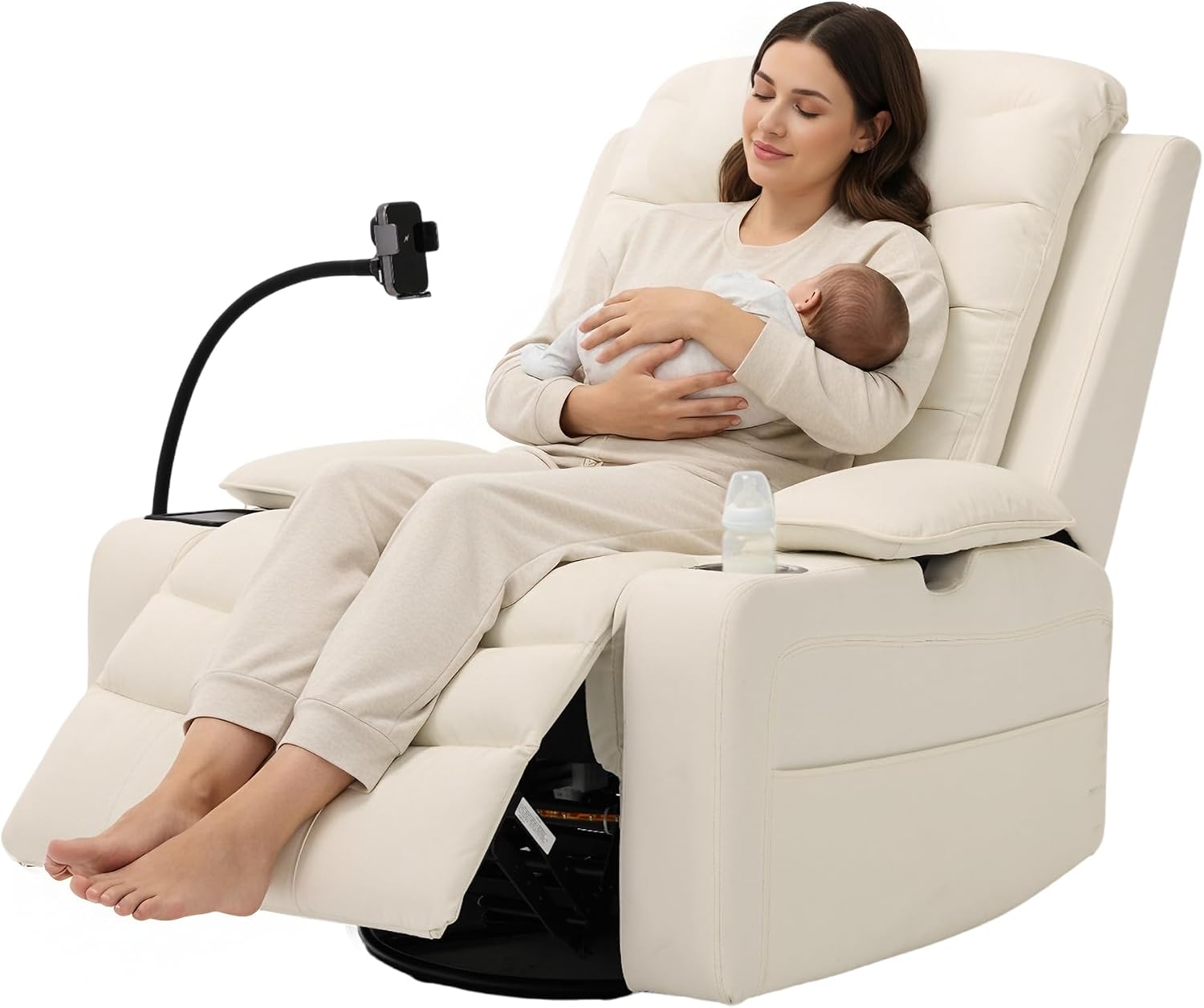 Holaki Rocking Chair Nursery, Oversized Glider Recliner Nursery Chair Swivel Reading Chair with Heated Lumbar Support Smart Cup Holder and Fast-Charging Phone Mount for Breastfeeding(Beige)