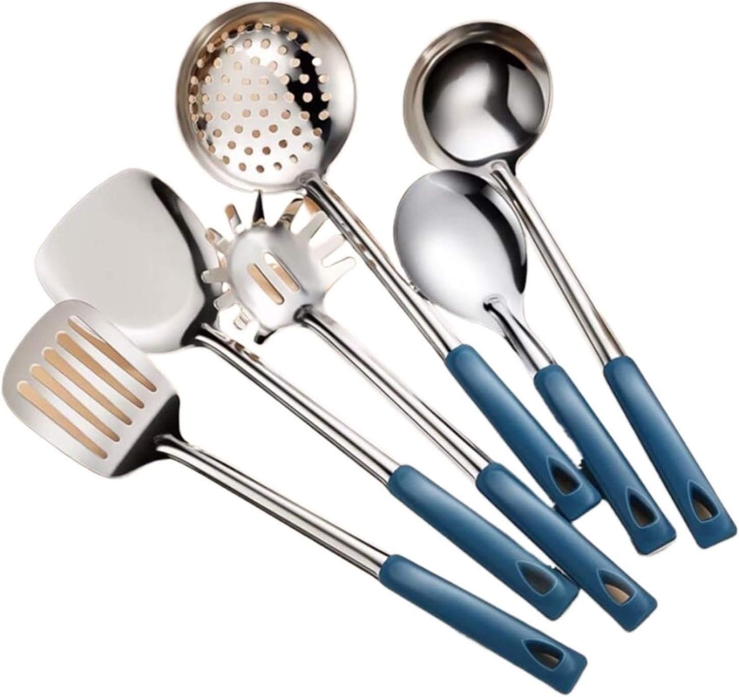 Stainless Steel Cooking Spatulas Spoons 6 Pieces Sets Cooking Utensils Draining Spoons Wood Gadgets (Size : Blue)