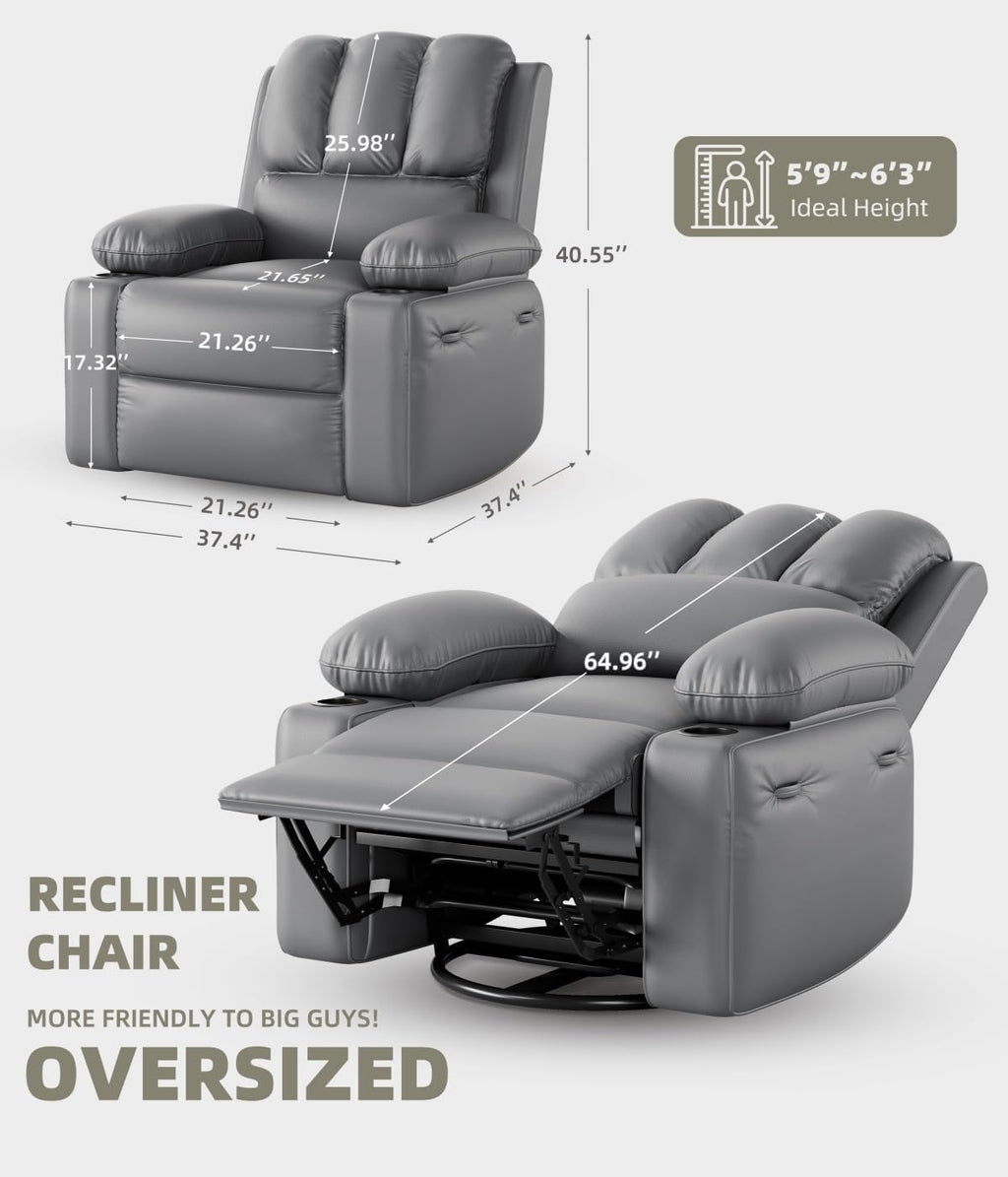 GarveeHome Recliner Chair, 360° Swivel Rocker Recliners with Heat & Massage, Soft Lazy Boy Recliner Chair with 2 Cup Holders and Side Pocket for Living Room Bedrooms and Nurseries -Grey