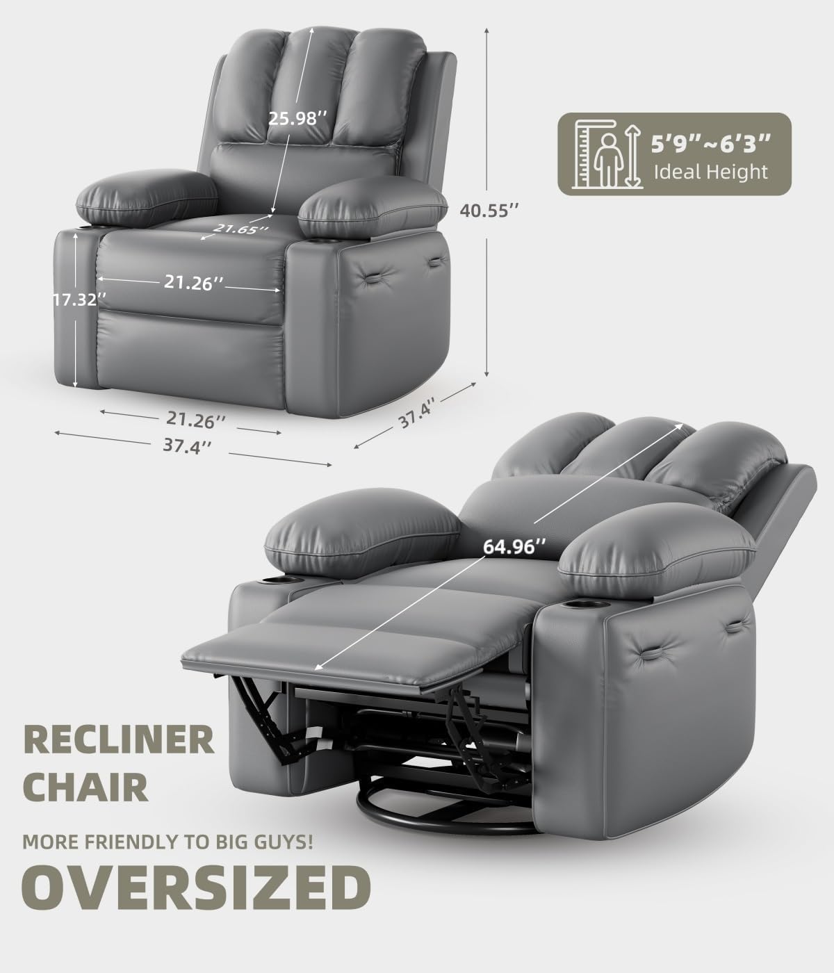 GarveeHome Recliner Chair, 360° Swivel Rocker Recliners with Heat & Massage, Soft Lazy Boy Recliner Chair with 2 Cup Holders and Side Pocket for Living Room Bedrooms and Nurseries -Grey