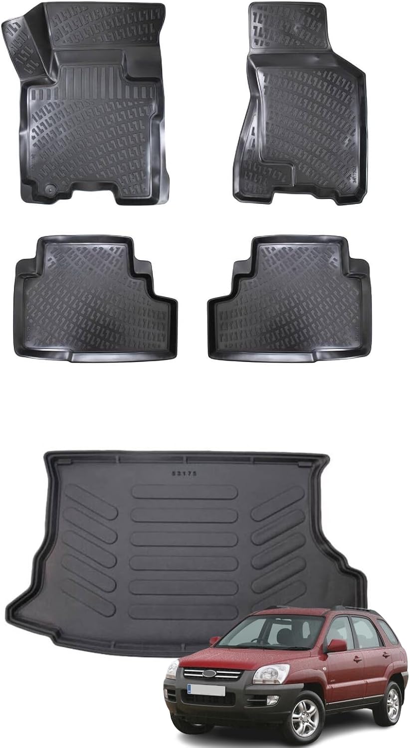 Car Floor Mats + Cargo Liner Compatible for Kia Sportage 2005-2010 Black | Front & Rear Full Set Trunk Mat with Floor Mats | Waterproof | All Weather | High Tech Mat
