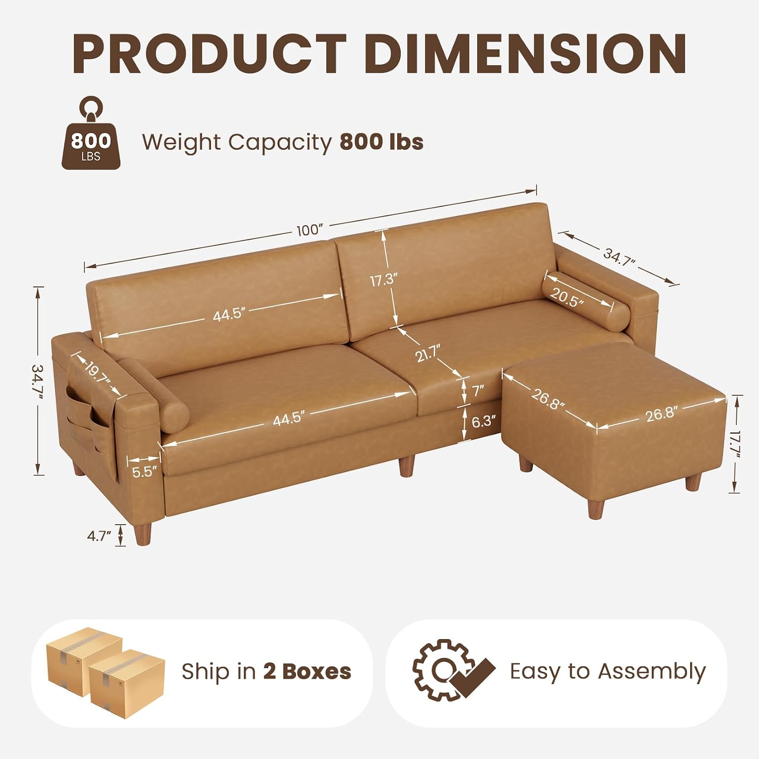 Vesgantti 100' Faux Leather Sofa with Movable Ottoman, Wide Seating L Shaped PU Leather Couch with Side Pocket, Comfy Mid Century Modern Modular Sectional Sofa for Living Room, Office, Camel