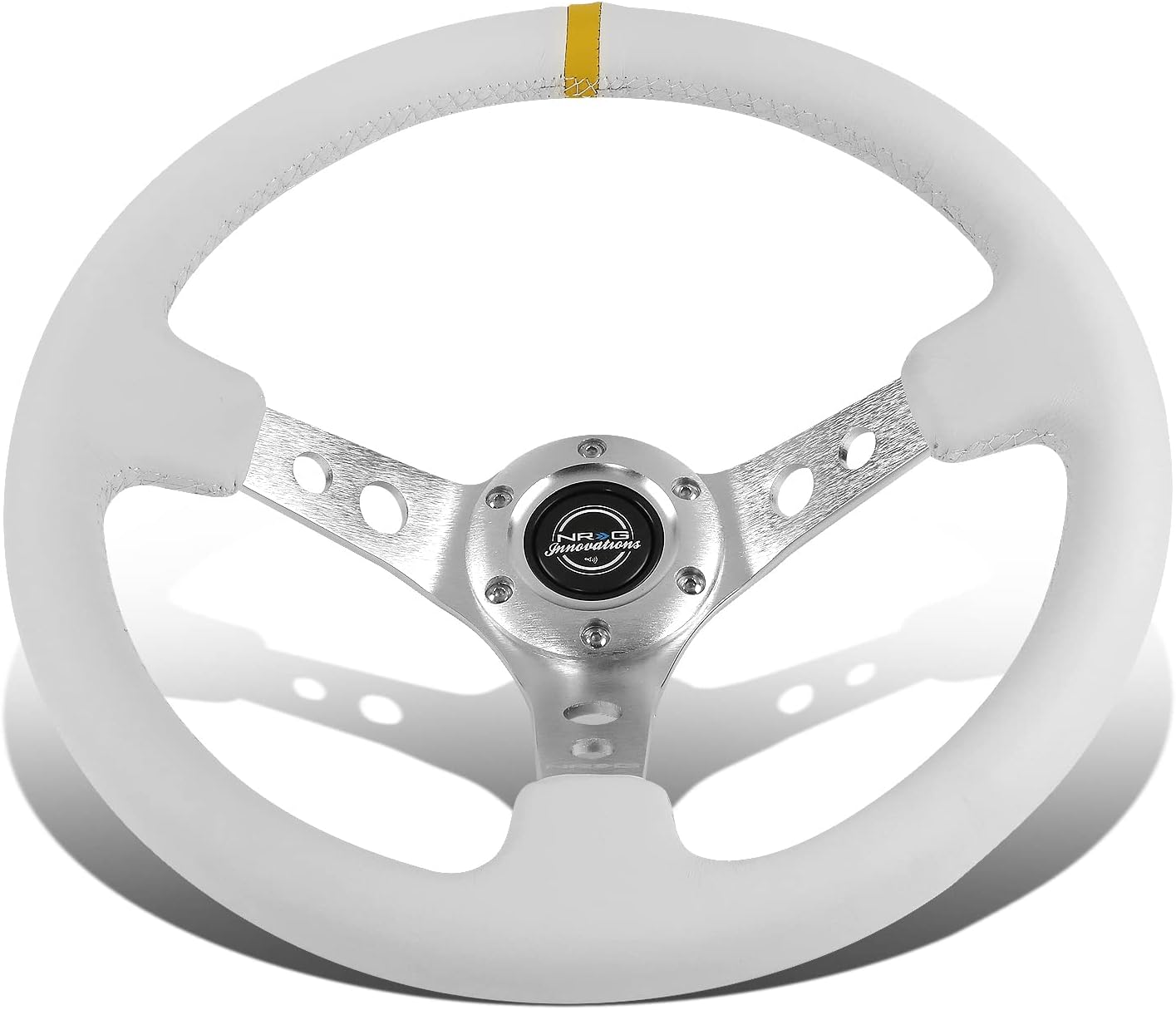 NRG Innovations NRG-RST-006WT-Y Reinforced Steering Wheel 350mm Sport Steering Wheel (3' Deep), Silver Spoke with White Leather Finish and White Stitch