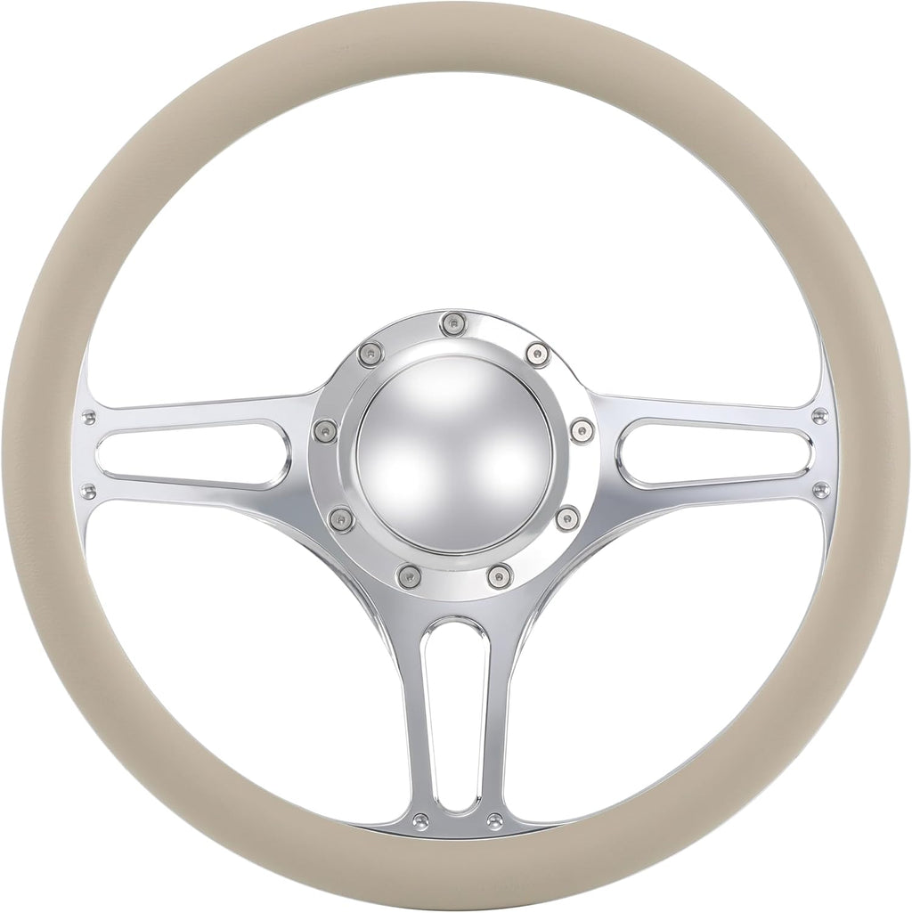 14'' Billet Half Wrap 9 Bolts Steering Wheel with 2'' Dish and Horn Button (Tan)