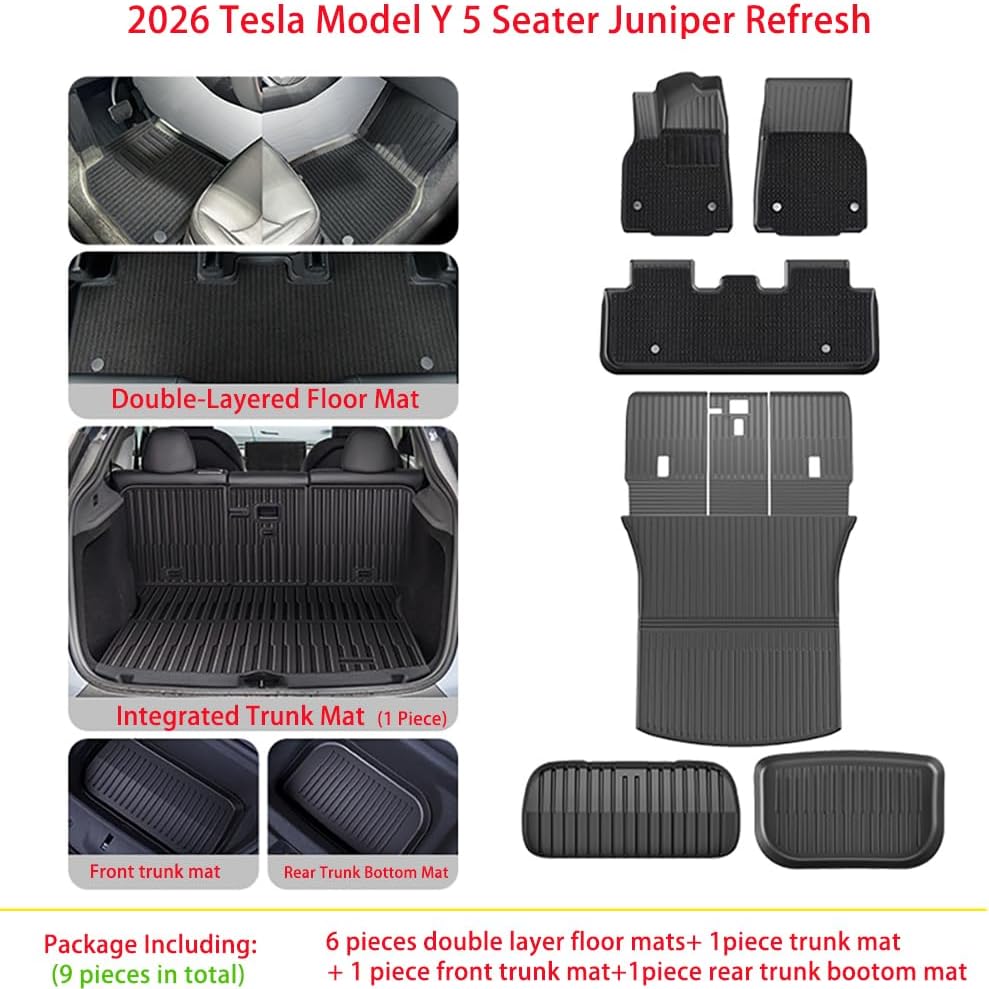 Compatible with 2026 Tesla Model Y Juniper(Not fit Standard) 5 Seater Double Layer Floor Mats & Trunk Mat & Back Seat Protector & Frunk Mat & Rear Cargo Storage Tray Covers(9 Piece Set)