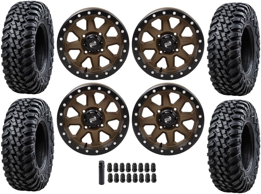 Tusk Set of 32x10-15 Tusk TERRABITE Heavy Duty 8-Ply Radial UTV Tires on UINTA Beadlock Wheels - Compatible with HONDA TALON 1000 UTVs 4/137 bolt pattern Includes Lug Nuts (5+2 Wheel Offset, Bronze)