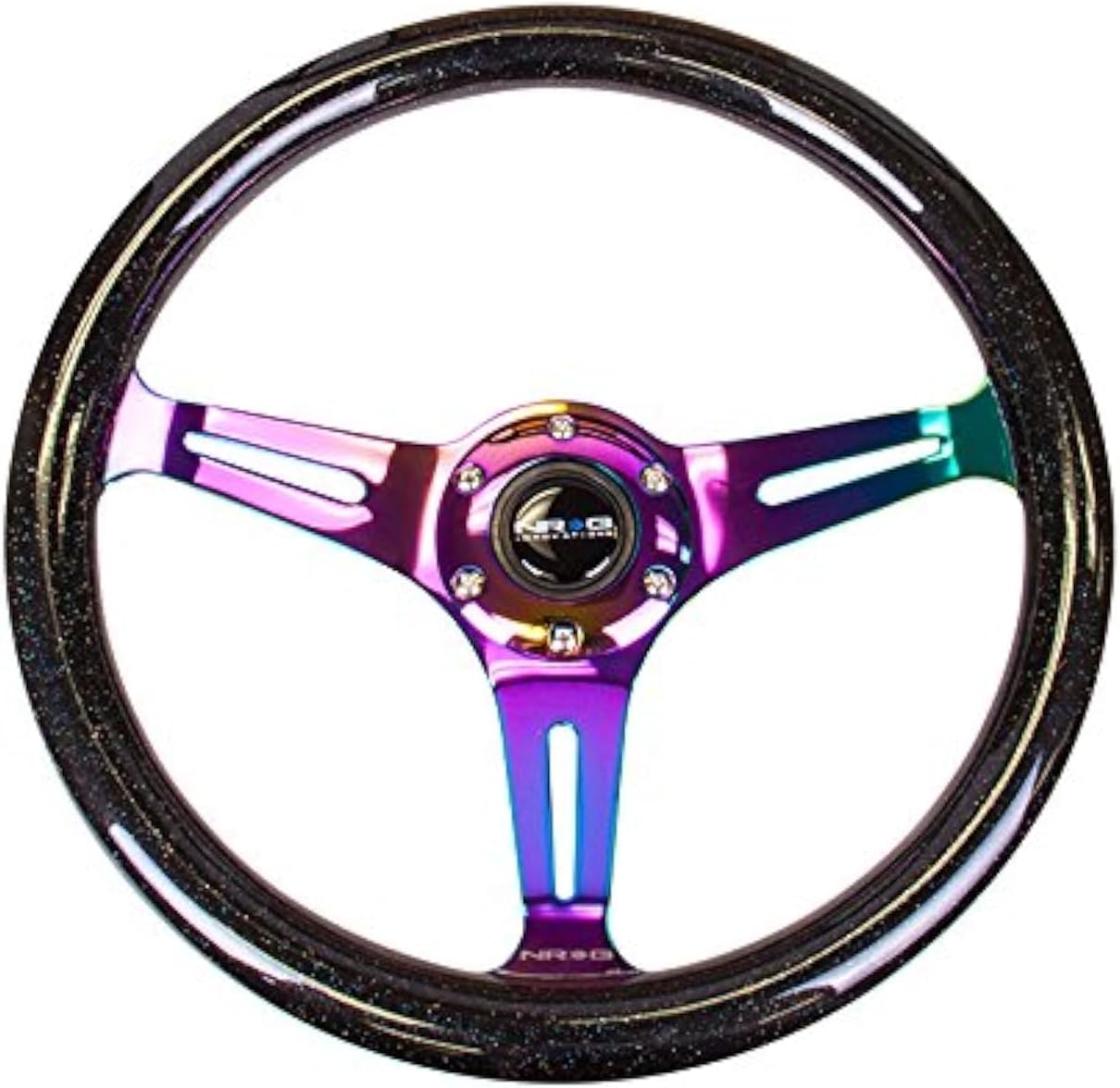 NRG Innovations NRG-ST-015MC-BSB Steering Wheel - 350mm 25mm Deep Configuration 'Galaxy' Classic Wood Grain Wheel 3 Neochrome Spokes- Black Sparkled Color