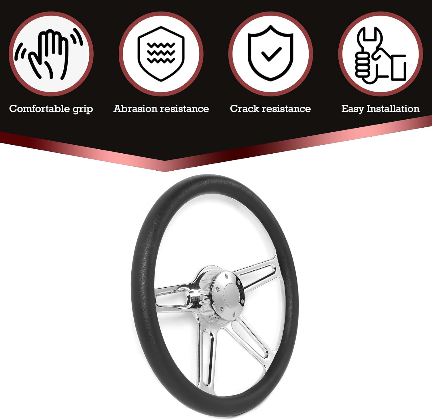 18' Truck Steering Wheel 5-Bolt 4-Spoke Design Chrome-Plated Aluminum Alloy,Deep Dish 50mm,Fit for Kenworth for Peterbilt for Freightliner for Volvo Trucks Steering Wheel (Black Leather Grip)