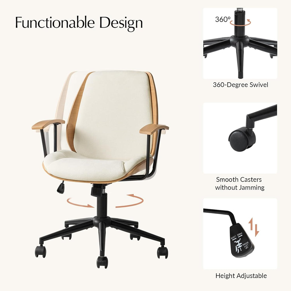 HULALA HOME Solid Wood Office Chair with Rocking Function, Comfy Fabric Desk Chair with Bent Wood and Metal Base, Height Adjustable Swivel Computer Task Chair, Ivory