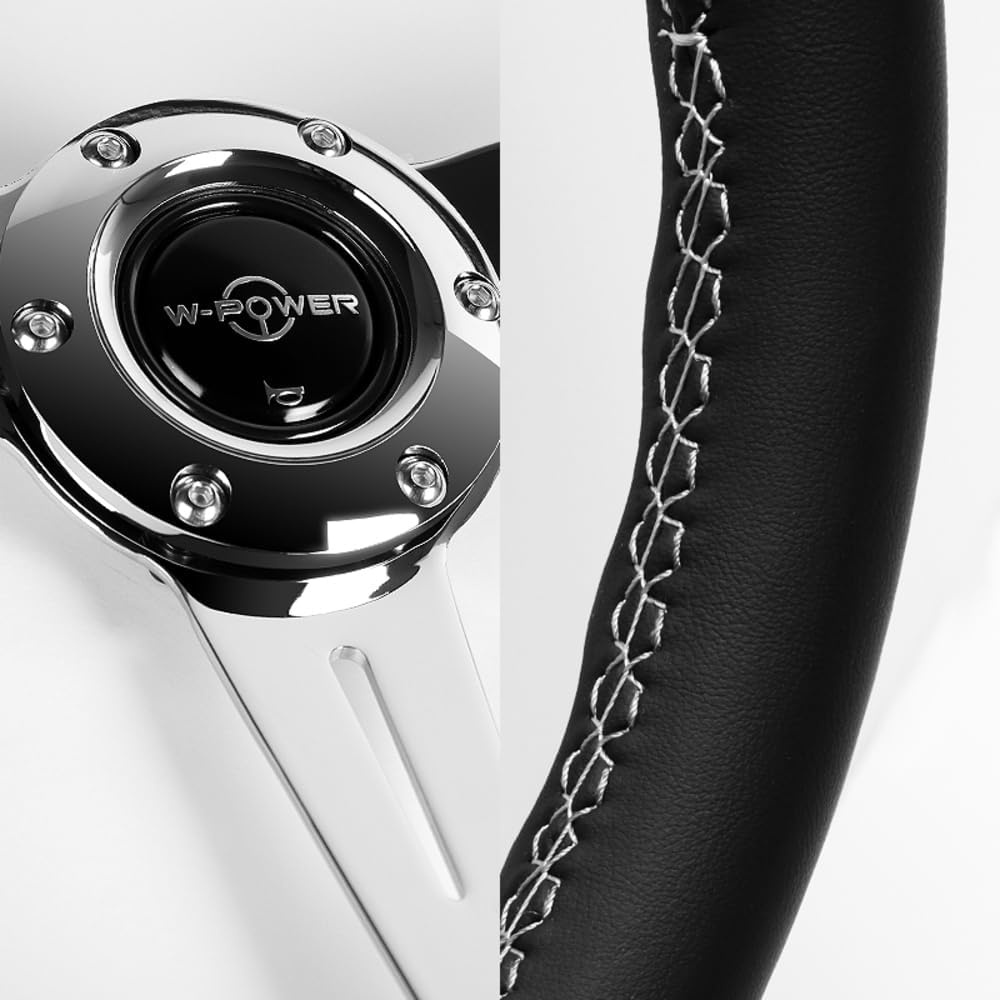 W-Power, 14' Universal 350mm 6 Bolt Hole Aluminum Polished 'Galaxy' Wood Grain Trim Steering Wheel, 3-Spoke, Black Horn Button JDM VIP Style (Black Leather Grip - Chrome Center)