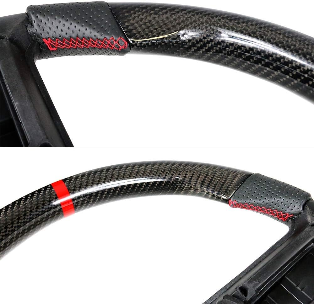 Compatible with 2010-2014 Ford Mustang, Steering Wheel with Red Stitching & Indicator, Black Carbon Fiber & Perforated Leather Steering Wheel Brushed Kit by IKON MOTORSPORTS