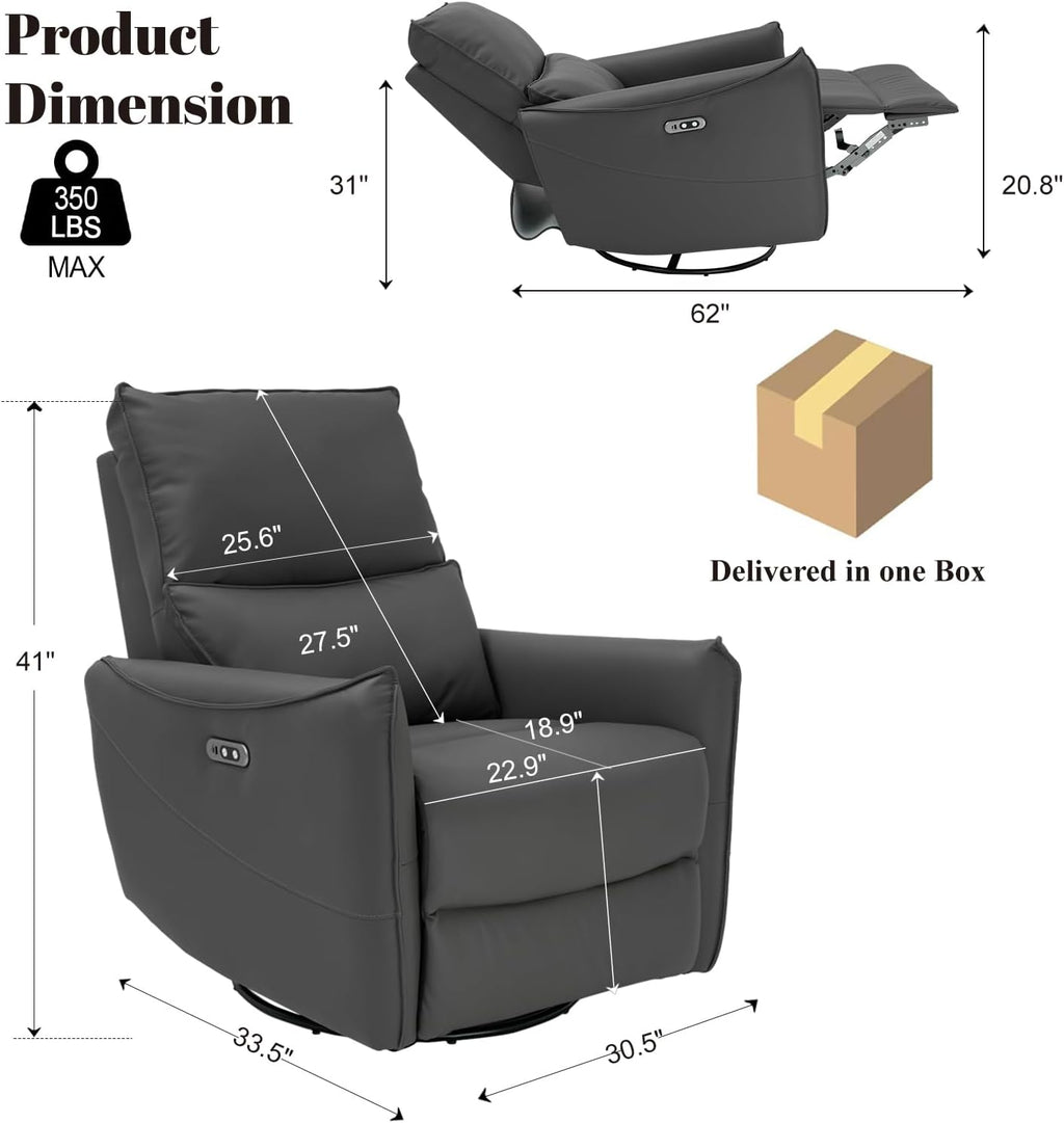 Recliner Sofa Rocking Chair Swivel Power Reclining Adjustable 360 Degree Spinning with Ergonomics Lumbar Support Natural Leather for Home Theater Seating Living Room, Bedroom, Nursery, Grey