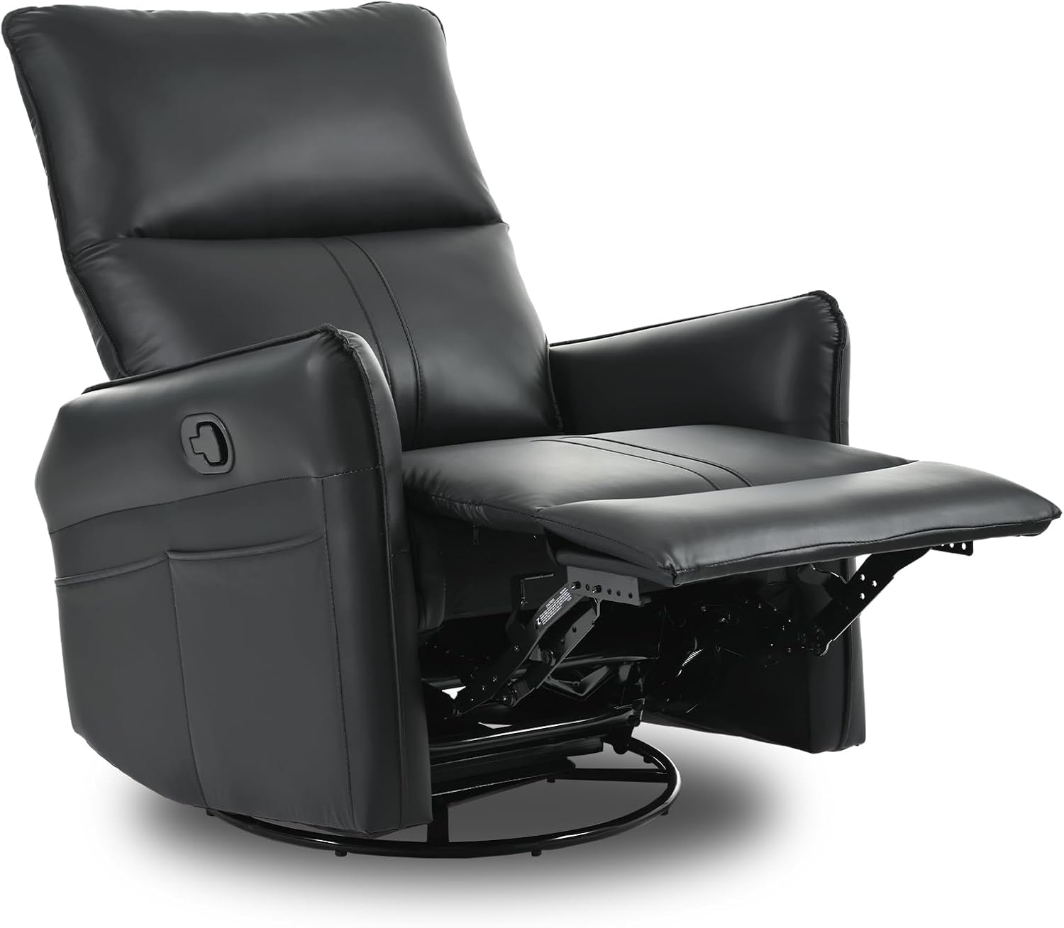 cinkehome Overstuffed Swivel Glider Recliner, Manual Swivel Rocking Recliner, Faux Leather Rocker Recliner Chair, Side Pockets, Black