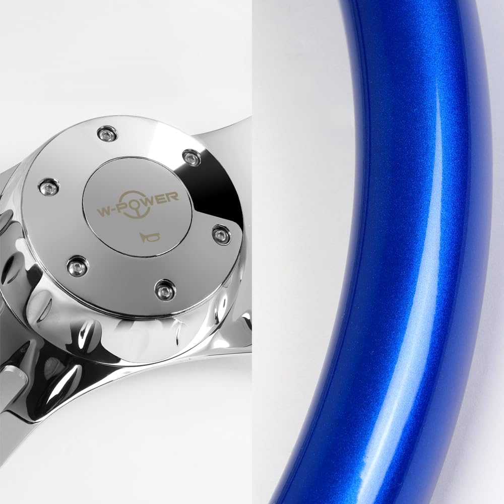 W-Power, 16' Universal 406mm 5 Bolt Hole 2 Inches Deep with Aluminum Polished Vintage Style Wood Grip Steering Wheel, Chrome Horn Button (Blue Wood Grip/Chrome Spokes)