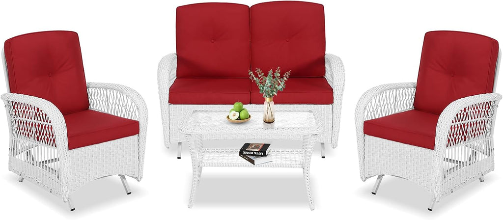 VIVIJASON 4-Piece Outdoor Patio White Wicker Conversation Sets, All Weather Rattan Furniture Set Includes Glider Loveseat, Coffee Table, 2 Glider Rocker Chairs w/Cushion for Lawn Balcony, Red