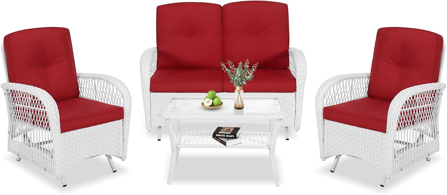 VIVIJASON 4-Piece Outdoor Patio White Wicker Conversation Sets, All Weather Rattan Furniture Set Includes Glider Loveseat, Coffee Table, 2 Glider Rocker Chairs w/Cushion for Lawn Balcony, Red