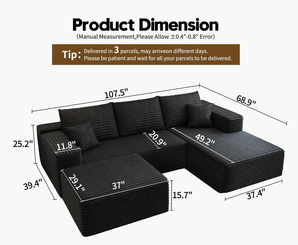 107.5' Cloud Sectional Couch with 1 Ottoman,Modern Modular Sofa with Deep Seat, Comfort U Shaped Sofa Couches for Living Room Bedroom Apartments,No Assembly Required, (Black,Right Facing Chaise)