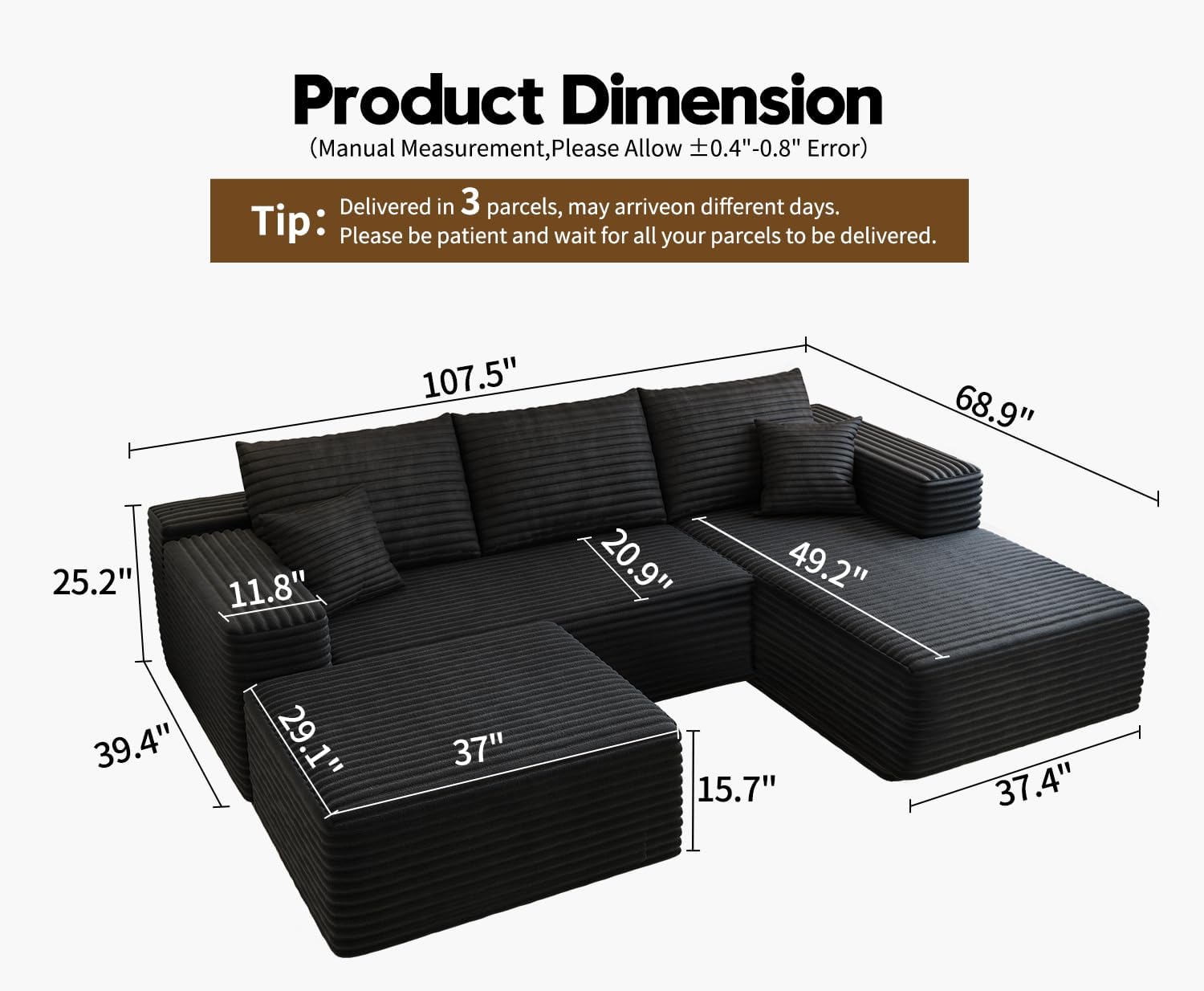 107.5' Cloud Sectional Couch with 1 Ottoman,Modern Modular Sofa with Deep Seat, Comfort U Shaped Sofa Couches for Living Room Bedroom Apartments,No Assembly Required, (Black,Right Facing Chaise)