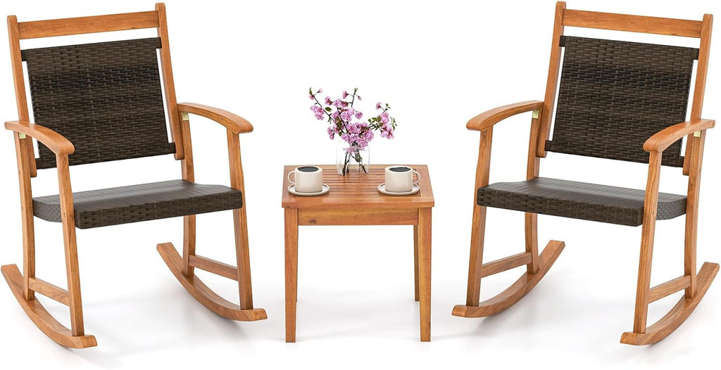 Tangkula 3 Pieces Patio Rocking Chair Set, Patiojoy Acacia Wood Rocker with Side Table, Outdoor Chairs with Wicker Rattan Seat & Backrest, Patio Bistro Set for Garden, Backyard, Poolside
