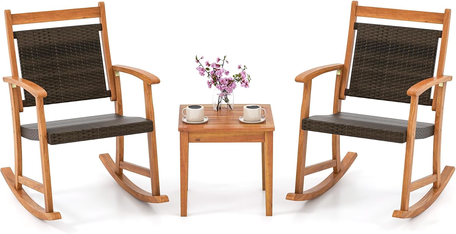 Tangkula 3 Pieces Patio Rocking Chair Set, Patiojoy Acacia Wood Rocker with Side Table, Outdoor Chairs with Wicker Rattan Seat & Backrest, Patio Bistro Set for Garden, Backyard, Poolside