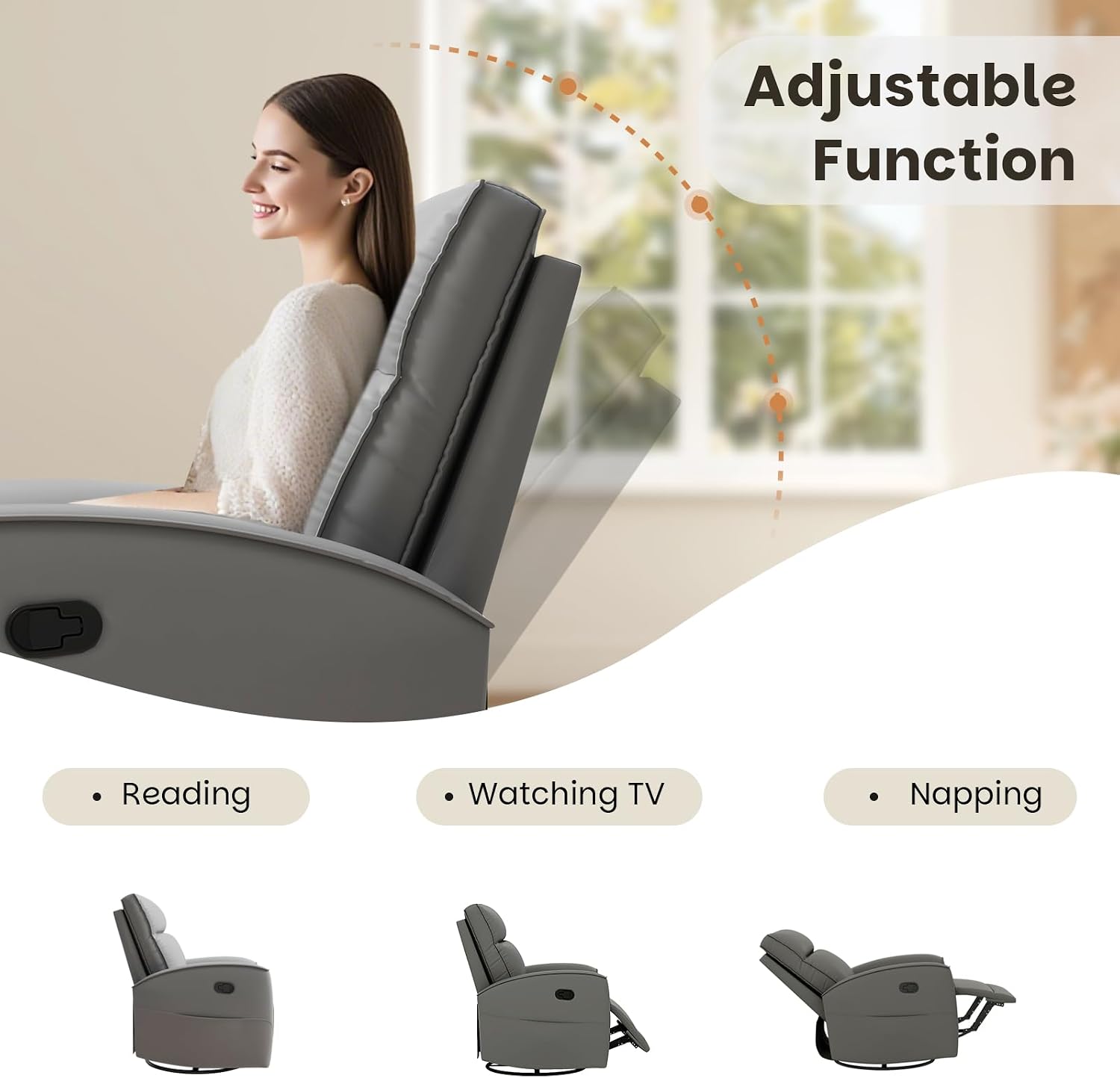 CANMOV Rocker Recliner Chair,360°Swivel Nursery Glider Recliner,Manual Recliner Sofa with Padded Armrest and Backrest,Leather Recliner for Small Spaces,Living Room,Bedroom (Grey)