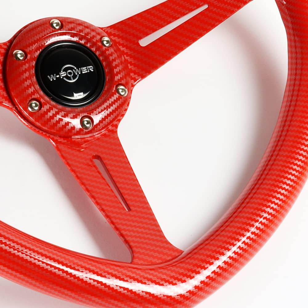 W-Power,13.5' Universal 343mm 6 Bolt Hole 3-Inche Deep Dish Aluminum Polished Heart-Shaped with Wood Grip Steering Wheel, Black Horn Button JDM Euro VIP Style, 3-Spoke (Carbon Red)