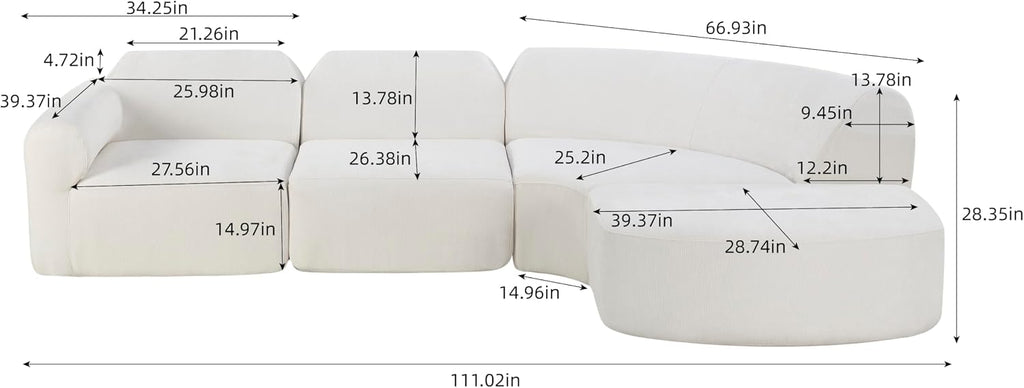 Merax Modern Curved Sectional Sofa with Ottoman, Couch 4-Piece Set High-Density Compressed Sponge, Fully Assembled, Right Hand Facing, Plush Deep Seat for Living Room, Lounge, Apartment, Beige