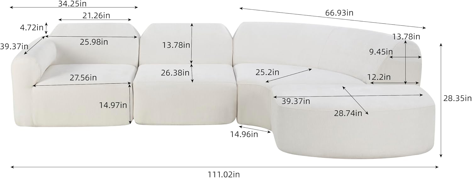 Merax Modern Curved Sectional Sofa with Ottoman, Couch 4-Piece Set High-Density Compressed Sponge, Fully Assembled, Right Hand Facing, Plush Deep Seat for Living Room, Lounge, Apartment, Beige