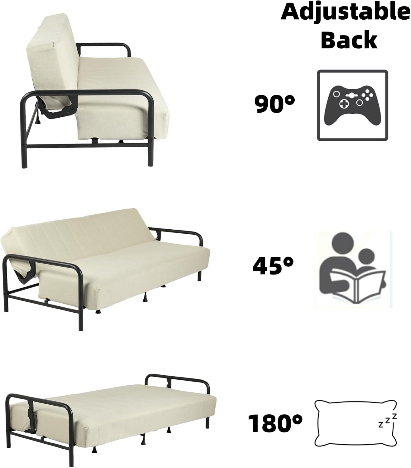 Homy Casa Modern Beige Futon Sofa Bed with Arm, 78.74' 3-Position Adjustable Backrest, Metal Frame, Capacity 500 lbs, Convertible Daybed for Living Room/Guest Room/Studio Apartment