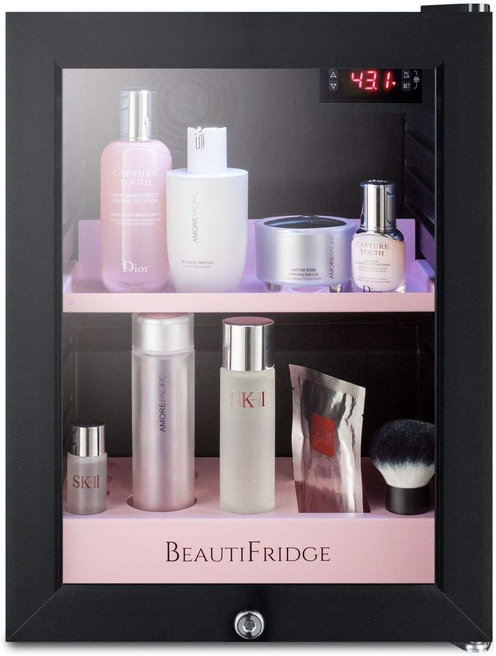 Summit Appliance LX114LP BeautiFridge Compact Cosmetics Cooler, Black Finish with Pink Adjustable Shelves, Digital Thermostat, Automatic Defrost, Factory Lock, Tempered Glass Door