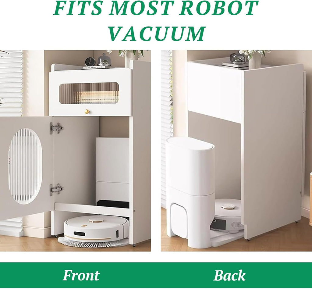 Mobile Storage Cabinet Corner Hidden Robot Vacuum Stand for Self-Emptying Robot Vacuum and Mop Storage Cabinet with Drawers Wood Accent End Table Wheels Home Living Room(White,19.6x15.7x36.6in)