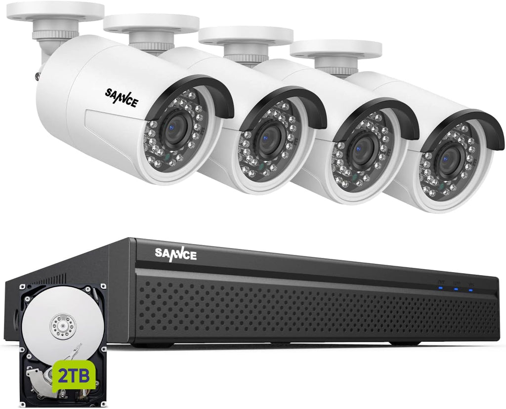 SANNCE 4K POE Security Camera System - 8CH 8MP NVR Recorder with 4PCS 5MP Outdoor Bullet Surveillance Cameras, Power Over Ethernet, Easy Mobile Access with APP Alert(2TB HDD)