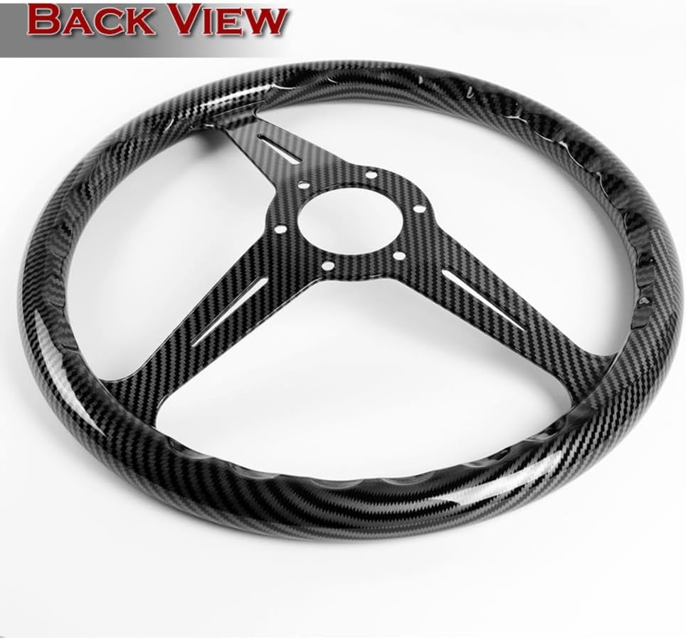 W-Power, 14' Universal 350mm 6 Bolt Hole Aluminum Polished 'Galaxy' Wood Grain Trim Steering Wheel, 3-Spoke, Black Horn Button JDM VIP Style (Black Caron Fiber Look Style Grip - Carbon Look Center)