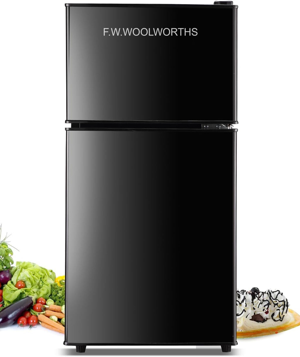 F.W.WOOLWORTHS 3.5 Cu.Ft Refrigerator with Freezer, 2-Door Fridge, Adjustable Thermostat, for Dorm, Office, Bedroom, RV, Black