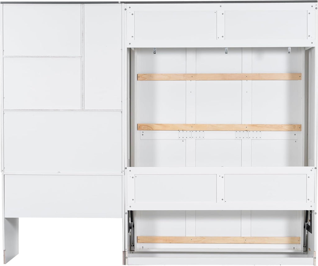 Merax Farmhouse Multi-Functional Murphy Bed with Sofa, Desk & Storage Cabinet,Solid Wood Foldable Wall Bed/Space Saving/No Box Spring Needed/Full,White + Gray