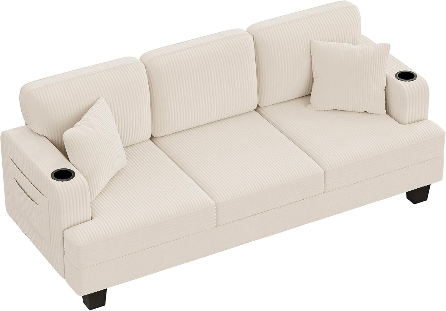 83' Modern Couch with Cup Holders, 3 Seater Couch with Comfy Pillow & Side Storage Pockets, Corduroyn Small Couch with Deep Seat Couch for Living Room, Bedroom, Apartment and Office (Beige)