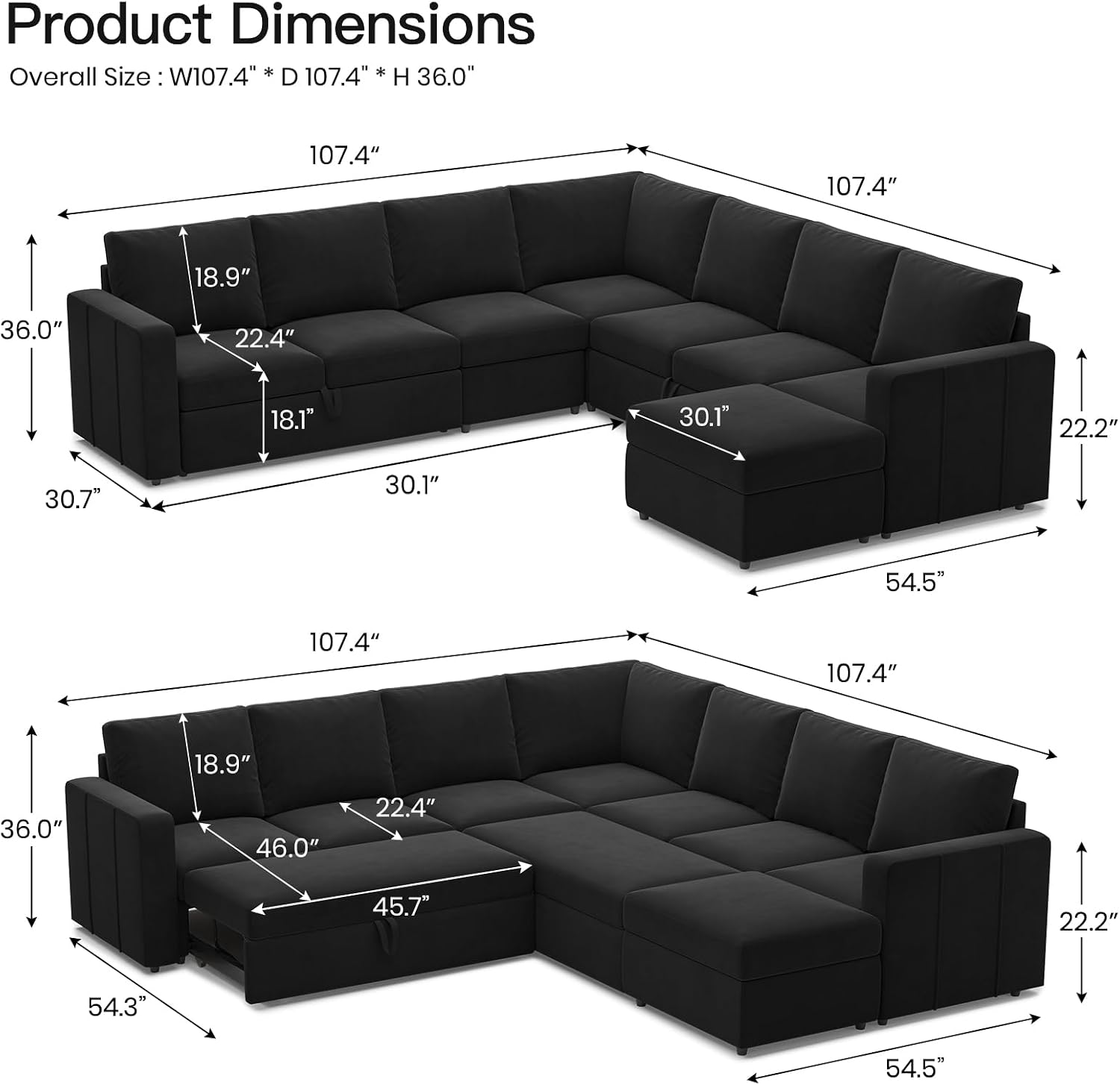 Belffin Modular Sectional Sofa with Sleeper Sofa Couch Pullout Bed, Oversized U Shaped Sleeper Sectional Couch with Storage Seat for Living Room, Black