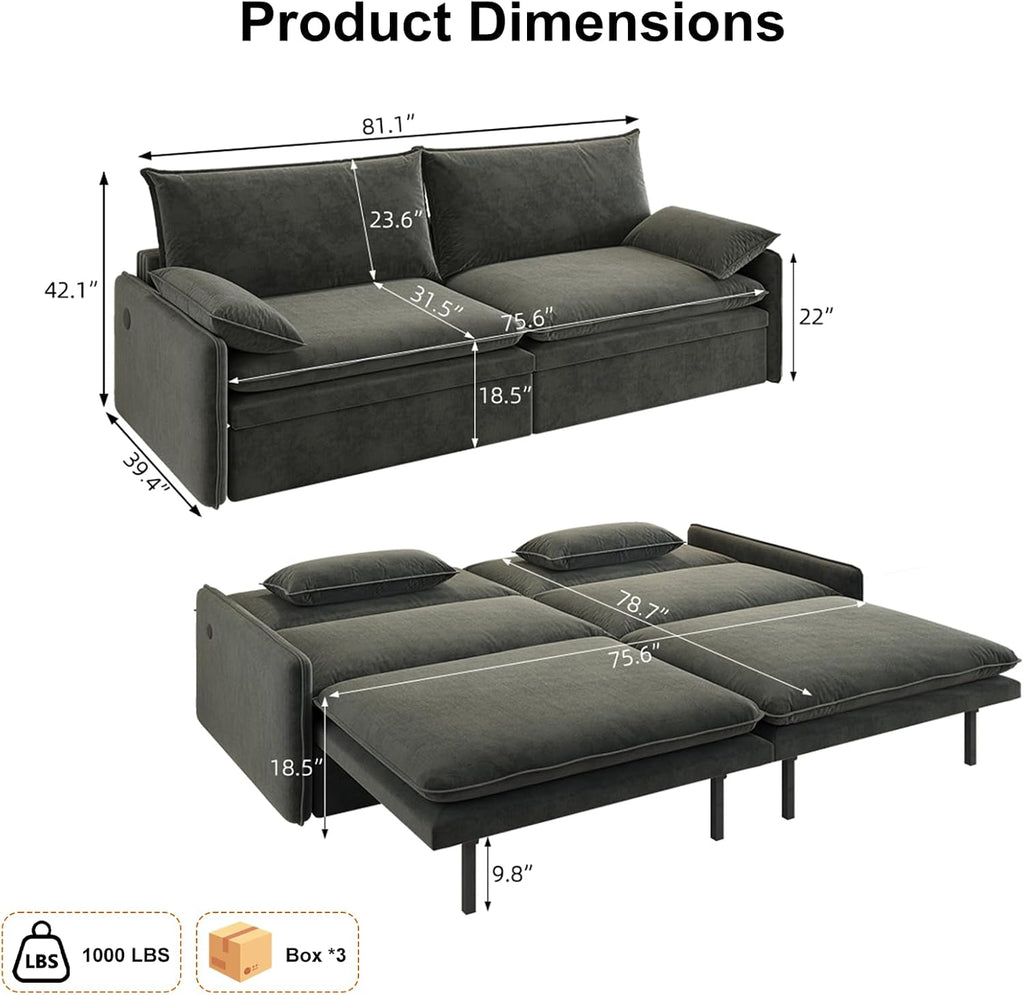 81' King Pull-Out Sofa Bed, 3-in-1 Convertible Sleeper Sofa Bed with Hidden Storage & USB Charging, Chenille Cloud Couch with Chaise Lounge for Living Room & Apartment, Dark Grey | Pullout Couch