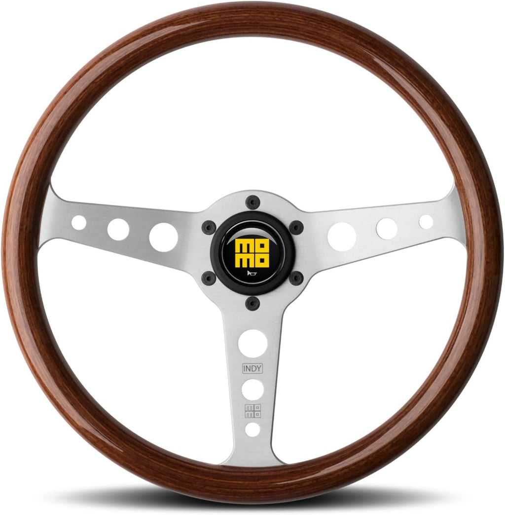 MOMO Motorsport Indy Heritage Steering Wheel Mahogany Wood Grip, Brushed Aluminum Spoke, 350mm