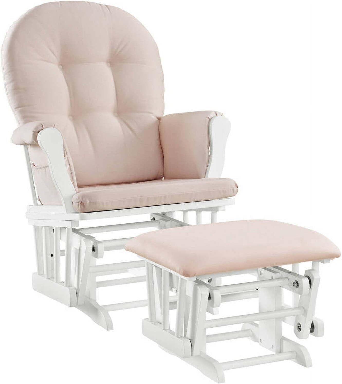 HomeStock Glider and Ottoman Set - Padded Arms, Storage Pockets, Metal Bearings White and Pink