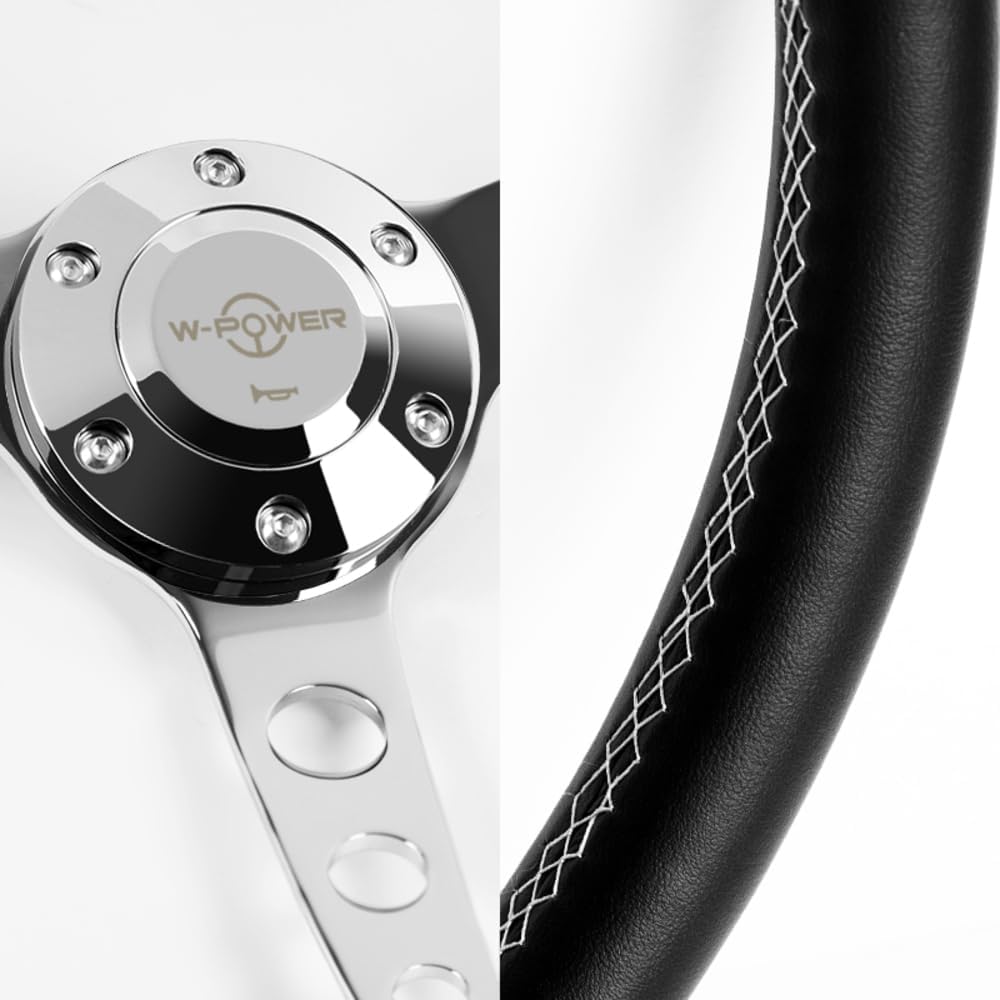 W-Power, 15' Reinforced 380mm 6 Bolt Hole Aluminum Finised Black Leather with White Stich Trim Steering Wheel, Chrome Horn Button JDM Euro VIP Style, 3' Deep (Black Leather/Chrome Spoke)